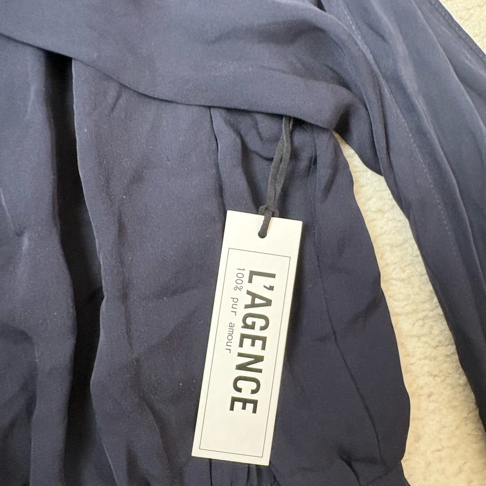 L’AGENCE 100% silk navy blue sleeveless midi dress with front sash, sz 6 - Picture 3 of 7